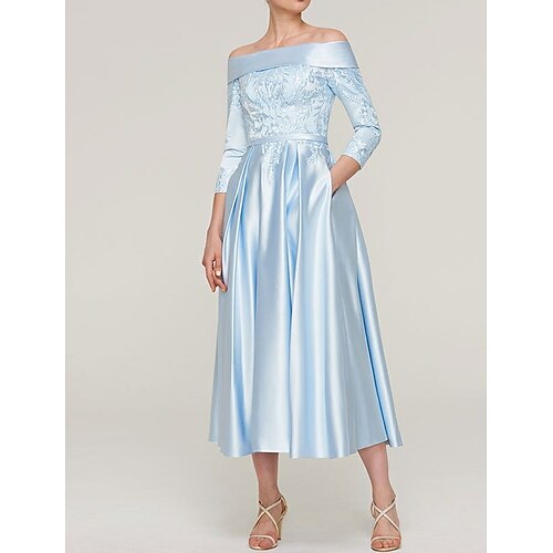 A-Line Mother of the Bride Dress Plus Size Off Shoulder Tea Length Satin 3/4 Length Sleeve with Appliques 2022
A-Line Mother of the Bride Dress Plus Size Off Shoulder Tea Length Satin 3/4 Length Sleeve with Appliques 2022