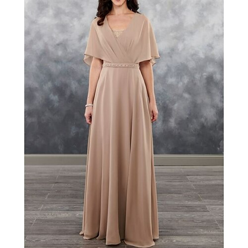 A-Line Mother of the Bride Dress Plus Size Elegant V Neck Floor Length Chiffon Short Sleeve with Beading 2022
A-Line Mother of the Bride Dress Plus Size Elegant V Neck Floor Length Chiffon Short Sleeve with Beading 2022