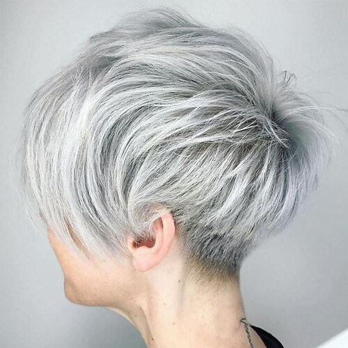 

Human Hair Blend Wig Short Straight Pixie Cut Straight Natural Hairline Machine Made Women's Natural Black #1B Silver Palest Blonde 8 inch for Daily Party Use