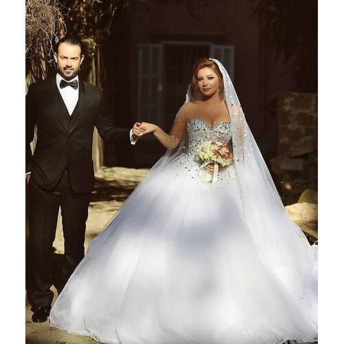 

Ball Gown Wedding Dresses Jewel Neck Court Train Satin Tulle Long Sleeve Sparkle & Shine See-Through Plus Size with Crystals Beading 2022 / Bell Sleeve