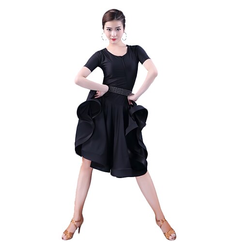 

Latin Dance Dress Tassel Wave-like Women's Party Performance Short Sleeve Natural Milk Fiber