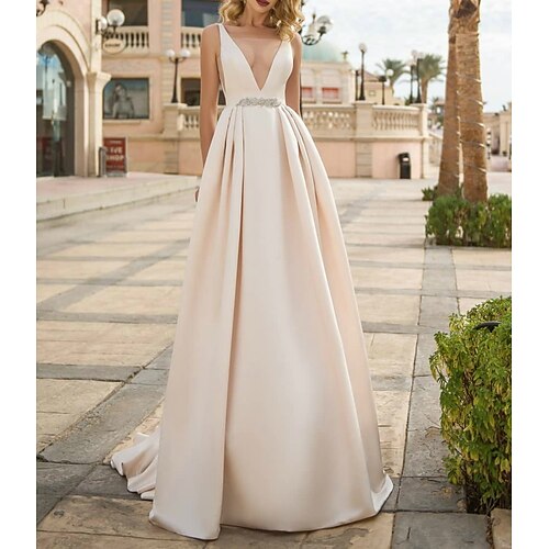 A-Line Wedding Dresses V Neck Floor Length Sleeveless Formal Plus Size with Draping 2022
A-Line Wedding Dresses V Neck Floor Length Sleeveless Formal Plus Size with Draping 2022