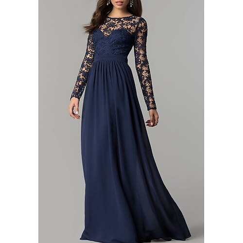

Sheath / Column Mother of the Bride Dress Elegant Jewel Neck Floor Length Chiffon Lace Long Sleeve with Appliques Ruching 2022