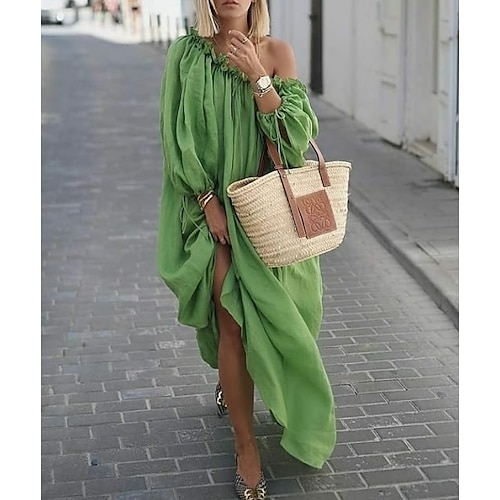 

Women's Casual Dress Swing Dress Boho Dress Long Dress Maxi Dress Apricot Green Blue Long Sleeve Pure Color Ruched Winter Fall Spring One Shoulder Fashion Winter Dress Daily Vacation Loose Fit 2022 M