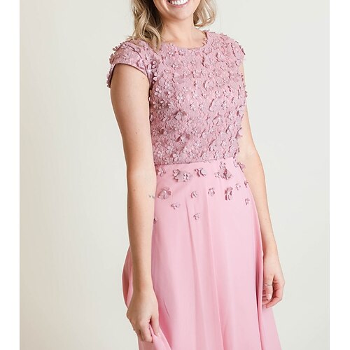 

Sheath / Column Mother of the Bride Dress Elegant Jewel Neck Knee Length Chiffon Lace Short Sleeve with Lace Appliques Ruching 2022