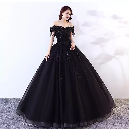 Ball Gown Wedding Dresses Off Shoulder Floor Length Lace Tulle Short Sleeve Sexy Black Modern with Lace Appliques 2022
Ball Gown Wedding Dresses Off Shoulder Floor Length Lace Tulle Short Sleeve Sexy Black Modern with Lace Appliques 2022