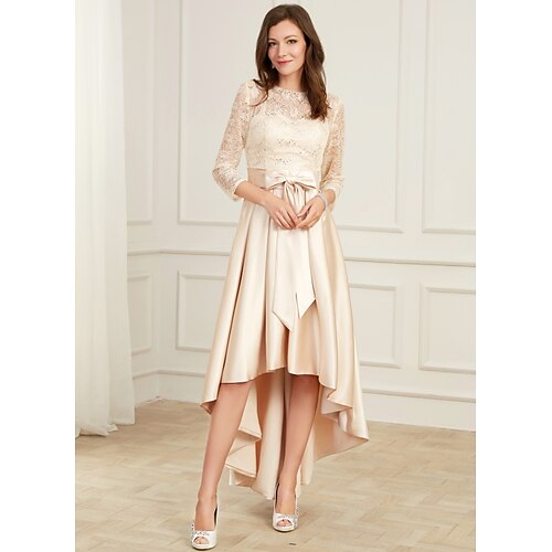 

A-Line Mother of the Bride Dress Plus Size Jewel Neck Asymmetrical Polyester 3/4 Length Sleeve with Sash / Ribbon Bow(s) Ruching 2022
