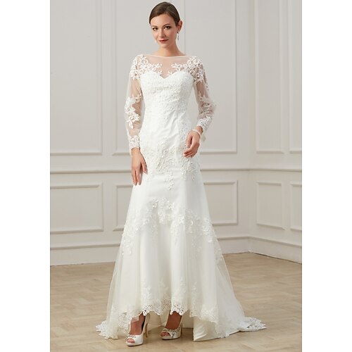 

Sheath / Column Wedding Dresses Jewel Neck Sweep / Brush Train Lace Tulle Long Sleeve Formal Plus Size Illusion Sleeve with Draping Appliques 2022
