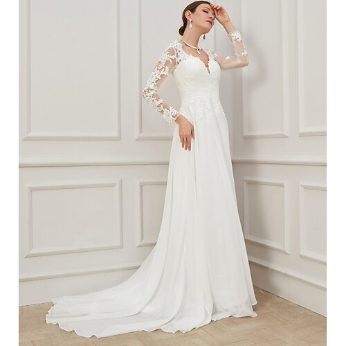 

Sheath / Column Wedding Dresses V Neck Sweep / Brush Train Lace Tulle Long Sleeve Formal Plus Size Illusion Sleeve with Draping Appliques 2022