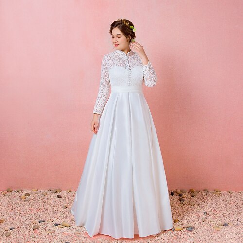 A-Line Wedding Dresses High Neck Floor Length Lace Satin Long Sleeve Formal Simple Plus Size with Lace Buttons 2022
A-Line Wedding Dresses High Neck Floor Length Lace Satin Long Sleeve Formal Simple Plus Size with Lace Buttons 2022