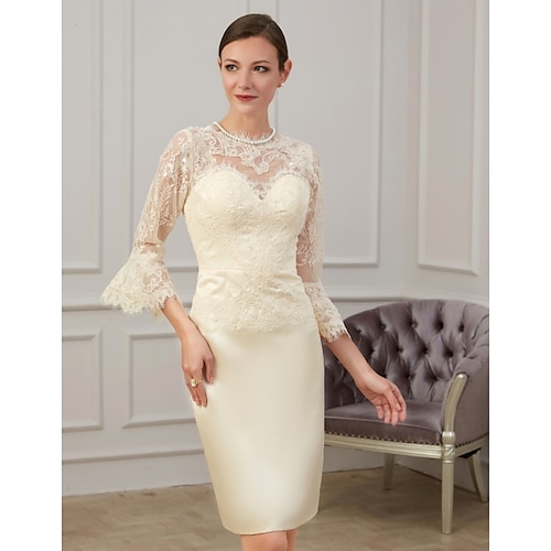 

Sheath / Column Mother of the Bride Dress Elegant Jewel Neck Knee Length Lace 3/4 Length Sleeve with Appliques Ruching 2022