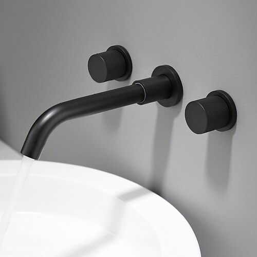 

Bathroom Sink Faucet - Black Finish Wall Mounted Basin Sink Mixer Tap Dual Lever Lavatory Faucet Contemporary