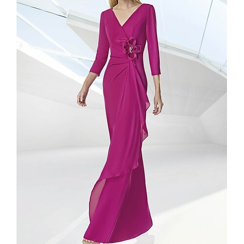 Mermaid / Trumpet Mother of the Bride Dress Elegant V Neck Floor Length Chiffon 3/4 Length Sleeve with Ruching Flower 2022
Mermaid / Trumpet Mother of the Bride Dress Elegant V Neck Floor Length Chiffon 3/4 Length Sleeve with Ruching Flower 2022