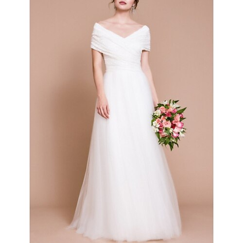 A-Line Wedding Dresses Off Shoulder Sweep / Brush Train Tulle Short Sleeve Vintage Sexy Wedding Dress in Color Backless with Ruched 2022
A-Line Wedding Dresses Off Shoulder Sweep / Brush Train Tulle Short Sleeve Vintage Sexy Wedding Dress in Color Backless with Ruched 2022