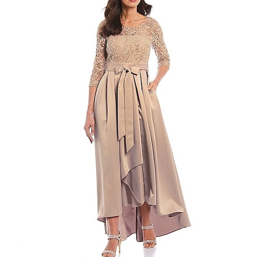 

A-Line Mother of the Bride Dress Elegant Jewel Neck Asymmetrical Satin Lace 3/4 Length Sleeve with Bow(s) Pleats 2022