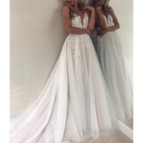 A-Line Wedding Dresses V Neck Sweep / Brush Train Lace Tulle Sleeveless Sexy Backless with Embroidery 2022
A-Line Wedding Dresses V Neck Sweep / Brush Train Lace Tulle Sleeveless Sexy Backless with Embroidery 2022