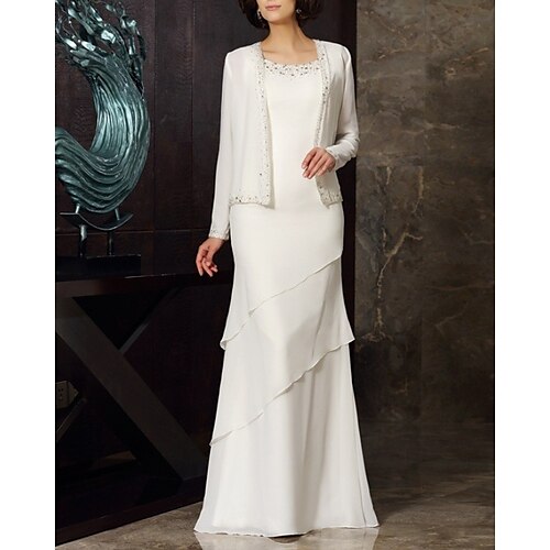 

Two Piece Mother of the Bride Dress Elegant Jewel Neck Floor Length Chiffon Long Sleeve with Beading Cascading Ruffles 2022