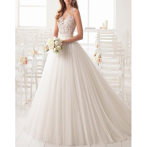 

A-Line Wedding Dresses Jewel Neck Sweep / Brush Train Lace Tulle Sleeveless Country Sexy See-Through with Sashes / Ribbons Embroidery 2022