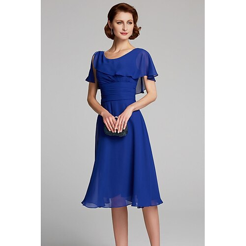 A-linje Kjole til brudens mor Cowl-hals Knelengde Chiffon Kortermet med Drapert 2023
A-linje Kjole til brudens mor Cowl-hals Knelengde Chiffon Kortermet med Drapert 2023