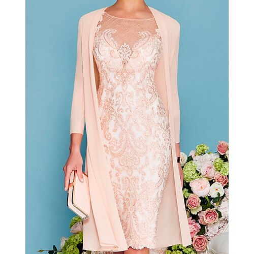 

Two Piece Sheath / Column Mother of the Bride Dress Formal Elegant Jewel Neck Knee Length Chiffon Lace 3/4 Length Sleeve Wrap Included Jacket Dresses with Beading Appliques 2023