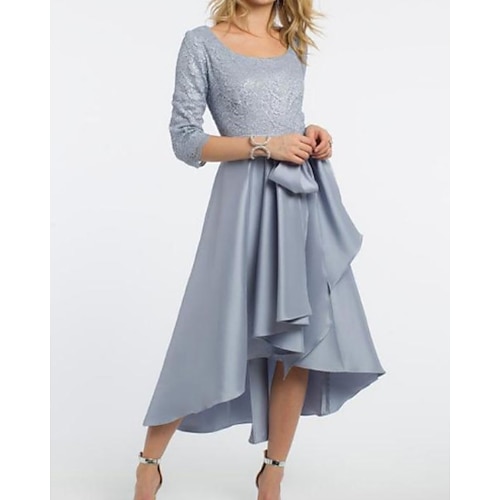 

A-Line Mother of the Bride Dress Elegant Jewel Neck Asymmetrical Satin Lace 3/4 Length Sleeve with Pleats Embroidery 2022