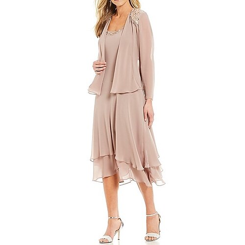 

Two Piece A-Line Mother of the Bride Dress Elegant Jewel Neck Tea Length Chiffon Long Sleeve with Beading Cascading Ruffles 2022