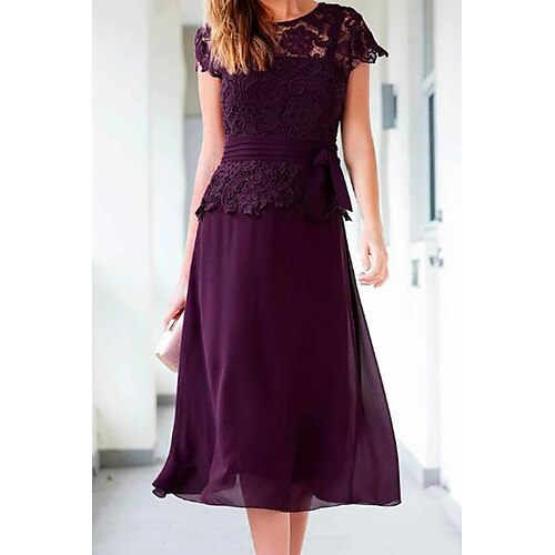 

A-Line Mother of the Bride Dress Plus Size Jewel Neck Tea Length Chiffon Lace Short Sleeve with Appliques Ruching 2022