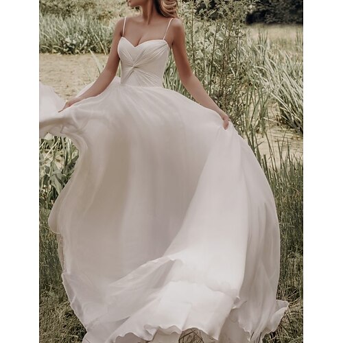 A-Line Wedding Dresses Spaghetti Strap Sweep / Brush Train Silk Chiffon Over Satin Sleeveless Simple Beach with Ruched 2022
A-Line Wedding Dresses Spaghetti Strap Sweep / Brush Train Silk Chiffon Over Satin Sleeveless Simple Beach with Ruched 2022
