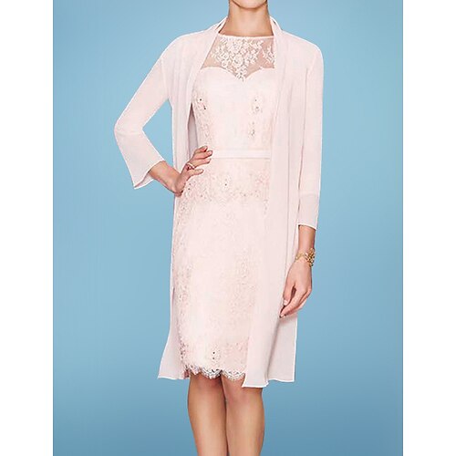 Two Piece Sheath / Column Mother of the Bride Dress Elegant Illusion Neck Knee Length Chiffon Lace 3/4 Length Sleeve with Sash / Ribbon Embroidery 2022
Two Piece Sheath / Column Mother of the Bride Dress Elegant Illusion Neck Knee Length Chiffon Lace 3/4 Length Sleeve with Sash / Ribbon Embroidery 2022