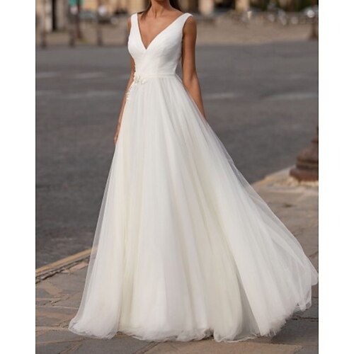 A-Line Wedding Dresses V Neck Sweep / Brush Train Chiffon Tulle Sleeveless Simple with Appliques 2022
A-Line Wedding Dresses V Neck Sweep / Brush Train Chiffon Tulle Sleeveless Simple with Appliques 2022