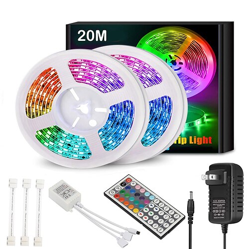 

20m 65FT LED RGB Light Strip SMD 5050 Waterproof IP65 Flexible with IR 44 Key Controller for TV Bedroom Party Home Decration 360LEDs 10mm 2x32.8FT