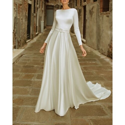 A-Line Wedding Dresses Jewel Neck Chapel Train Satin Long Sleeve Simple with 2022
A-Line Wedding Dresses Jewel Neck Chapel Train Satin Long Sleeve Simple with 2022