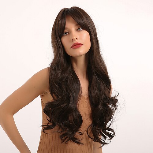 

Synthetic Wig Bangs Curly Body Wave Side Part Neat Bang With Bangs Wig Very Long Light golden Dark Brown Synthetic Hair 28 inch Women's Cosplay Women Synthetic Dark Brown Blonde BLONDE UNICORN
