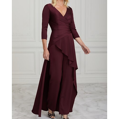 Jumpsuit / Pantsuit Kjole til brudens mor Elegant V-hals Gulvlengde Charmeuse Halvlange ermer med Drapert Ruchiing 2023
Jumpsuit / Pantsuit Kjole til brudens mor Elegant V-hals Gulvlengde Charmeuse Halvlange ermer med Drapert Ruchiing 2023
