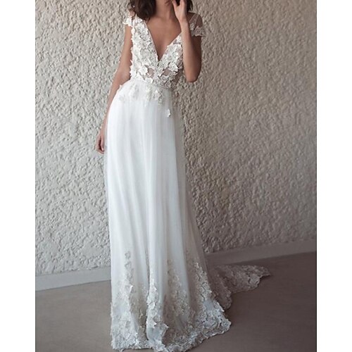 A-Line Wedding Dresses V Neck Sweep / Brush Train Chiffon Sleeveless Beach with Appliques 2022
A-Line Wedding Dresses V Neck Sweep / Brush Train Chiffon Sleeveless Beach with Appliques 2022