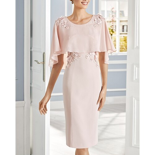 Sheath / Column Mother of the Bride Dress Elegant Jewel Neck Knee Length Chiffon Short Sleeve with Appliques 2022
Sheath / Column Mother of the Bride Dress Elegant Jewel Neck Knee Length Chiffon Short Sleeve with Appliques 2022