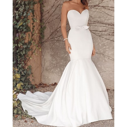 

Mermaid / Trumpet Wedding Dresses Sweetheart Neckline Court Train Satin Sleeveless Simple with Sashes / Ribbons Bow(s) 2022
