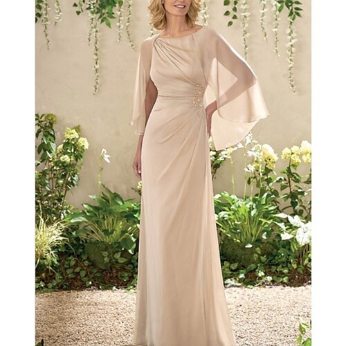 

Sheath / Column Mother of the Bride Dress Elegant Jewel Neck Floor Length Chiffon Short Sleeve with Sash / Ribbon Ruching 2022