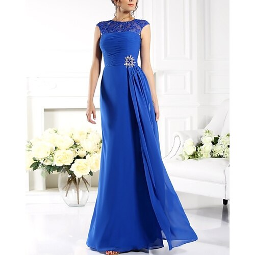 

A-Line Mother of the Bride Dress Elegant Jewel Neck Floor Length Chiffon Lace Sleeveless with Sash / Ribbon Split Front Ruching 2022