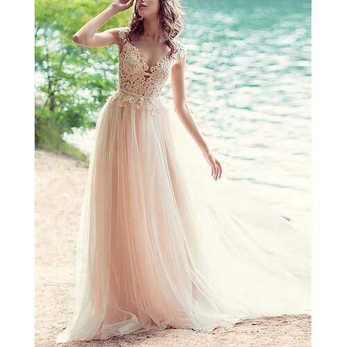 A-Line Wedding Dresses V Neck Sweep / Brush Train Lace Tulle Sleeveless Country with 2022
A-Line Wedding Dresses V Neck Sweep / Brush Train Lace Tulle Sleeveless Country with 2022