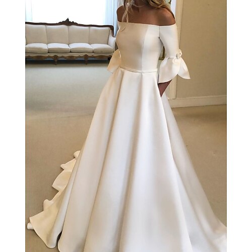 A-Line Wedding Dresses Off Shoulder Court Train Satin Half Sleeve Simple with Bow(s) Pleats 2022 / Petal Sleeve
A-Line Wedding Dresses Off Shoulder Court Train Satin Half Sleeve Simple with Bow(s) Pleats 2022 / Petal Sleeve