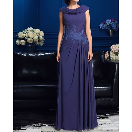 

A-Line Mother of the Bride Dress Elegant Cowl Neck Floor Length Chiffon Lace Sleeveless with Pleats Draping Appliques 2022