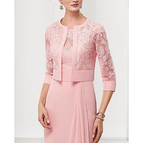 

Two Piece Sheath / Column Mother of the Bride Dress Elegant Illusion Neck Knee Length Chiffon Lace 3/4 Length Sleeve with Draping 2022