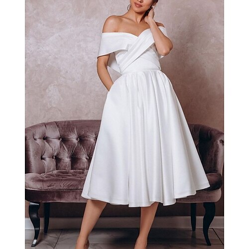 A-Line Wedding Dresses Off Shoulder Tea Length Satin Sleeveless Vintage Little White Dress 1950s with Pleats 2022
A-Line Wedding Dresses Off Shoulder Tea Length Satin Sleeveless Vintage Little White Dress 1950s with Pleats 2022