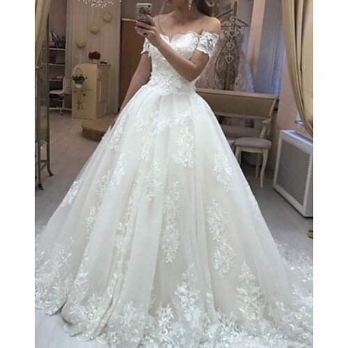A-Line Wedding Dresses Off Shoulder Court Train Lace Tulle Short Sleeve Formal with Appliques 2022
A-Line Wedding Dresses Off Shoulder Court Train Lace Tulle Short Sleeve Formal with Appliques 2022