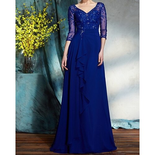 A-Line Mother of the Bride Dress Elegant V Neck Floor Length Chiffon Lace Half Sleeve with Pleats Sequin 2022
A-Line Mother of the Bride Dress Elegant V Neck Floor Length Chiffon Lace Half Sleeve with Pleats Sequin 2022