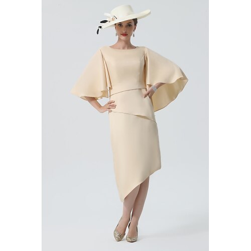 

Sheath / Column Mother of the Bride Dress Elegant Jewel Neck Knee Length Charmeuse Half Sleeve with Tier 2022