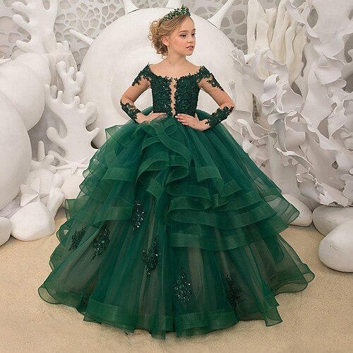 

Wedding Party Princess Flower Girl Dresses Jewel Neck Sweep / Brush Train Lace Winter Fall with Tier Appliques Cute Girls' Party Dress Fit 3-16 Years