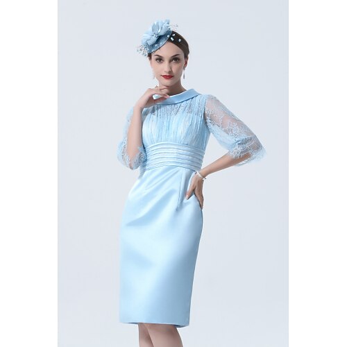 

Sheath / Column Mother of the Bride Dress See Through Jewel Neck Knee Length Charmeuse Half Sleeve with Lace Sash / Ribbon 2022