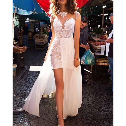 A-Line Wedding Dresses Jewel Neck Sweep / Brush Train Detachable Lace Tulle Sleeveless Beach with Appliques 2022
A-Line Wedding Dresses Jewel Neck Sweep / Brush Train Detachable Lace Tulle Sleeveless Beach with Appliques 2022